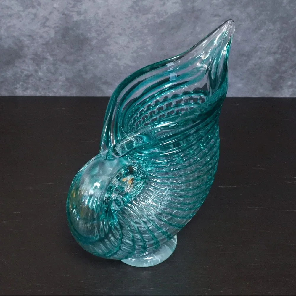Hand Blown Art Glass Green Blue Nautilus Conch Sea Shell Vase